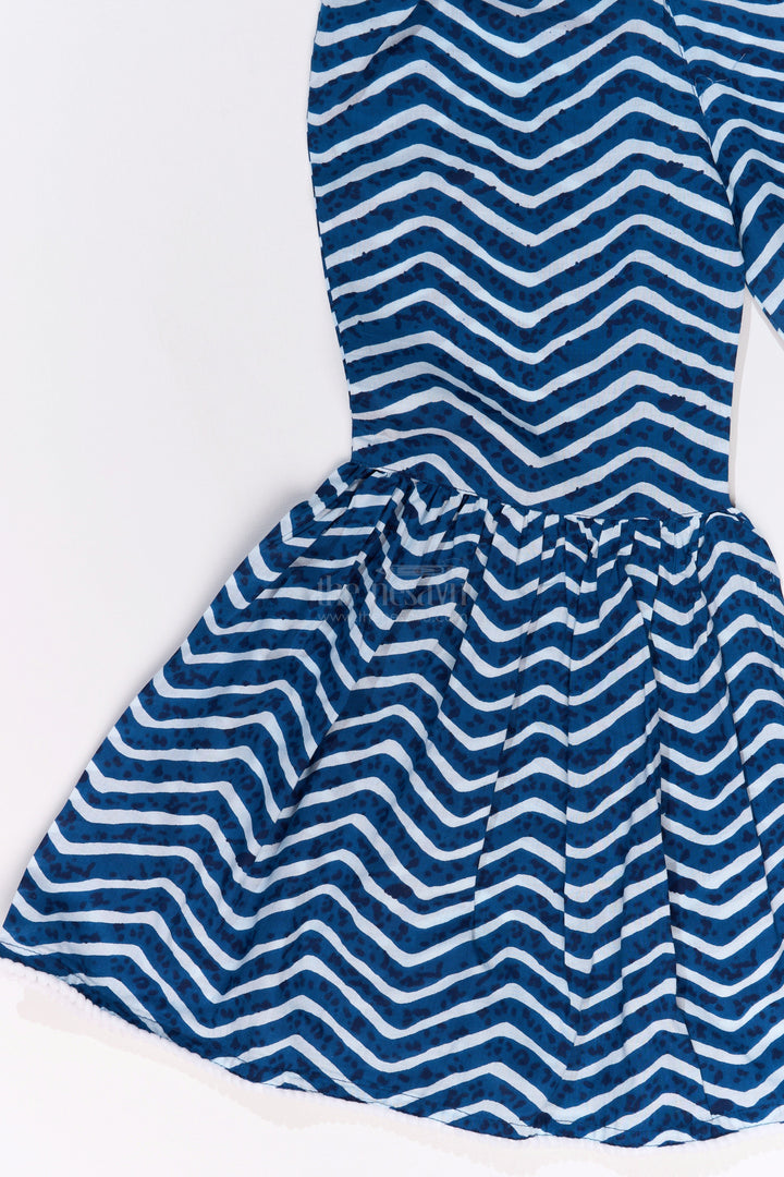 The Nesavu Girls Sharara / Plazo Set Girls Suit Plazo Set with Ikat Inspired Print and Pom-Pom Detailing in Blue and White Nesavu Nesavu Girls Blue White Suit Plazo Set Ikat Inspired Print Pom-Pom Detailing