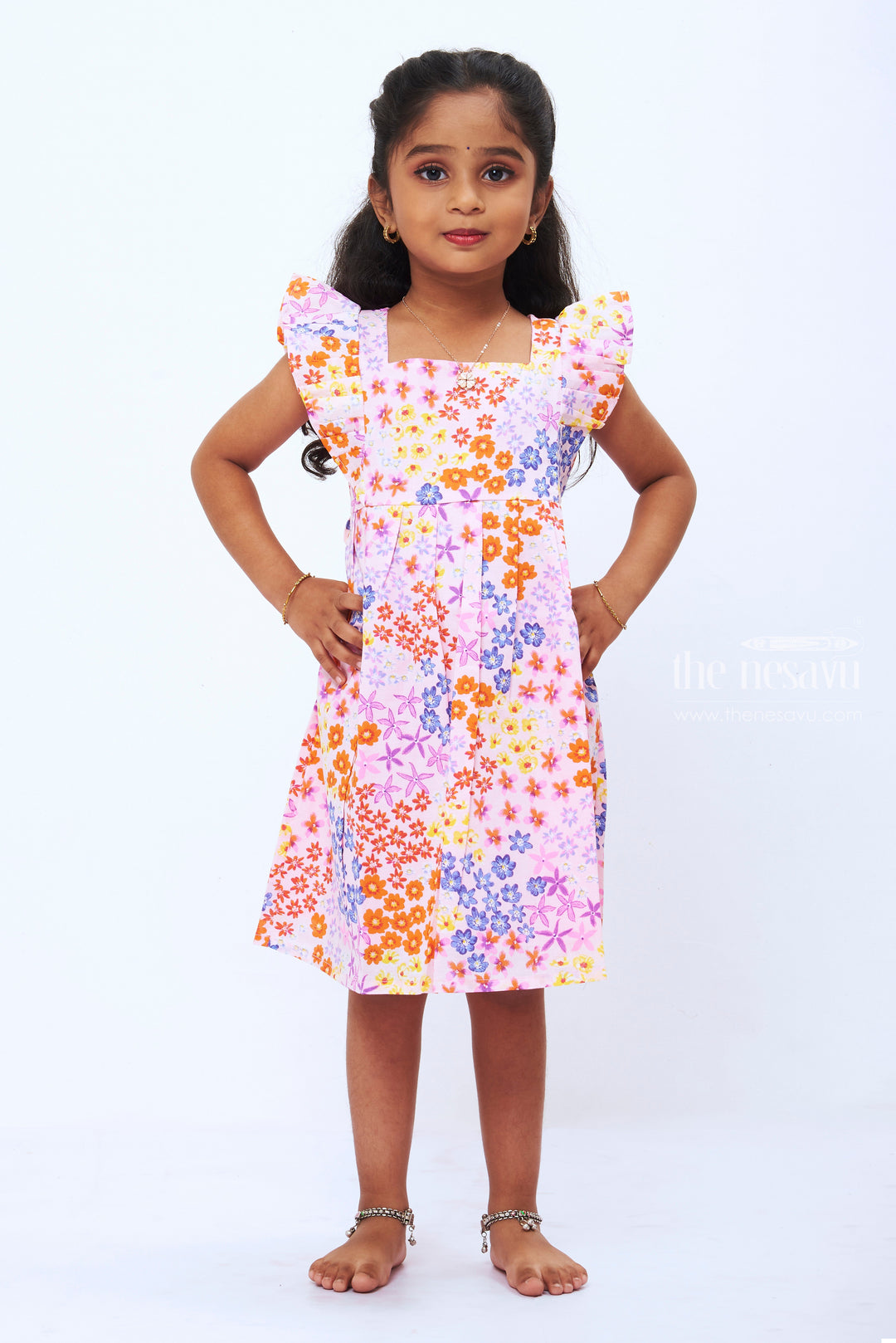 The Nesavu Girls Cotton Frock Girls Summer Blossom Pink Cotton Frock with Pastel Floral Print Nesavu 14 (6M) / Pink / Cotton GFC1222A-14 Girls Pastel Floral Cotton Dress | Playful Pretty Summer Frock | The Nesavu