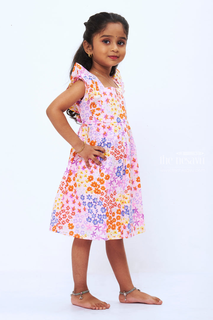 The Nesavu Girls Cotton Frock Girls Summer Blossom Pink Cotton Frock with Pastel Floral Print Nesavu Girls Pastel Floral Cotton Dress | Playful Pretty Summer Frock | The Nesavu