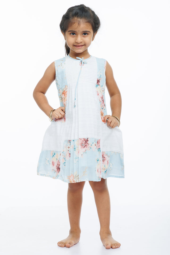 The Nesavu Girls Cotton Frock Girls Summer Breeze Floral Cotton Frock with Pleated Elegance Nesavu 22 (4Y) / Blue / Cotton GFC1268A-22 Pleated Style Floral Print Cotton Frock for Girls | Quintessential Summer Wear | The Nesavu