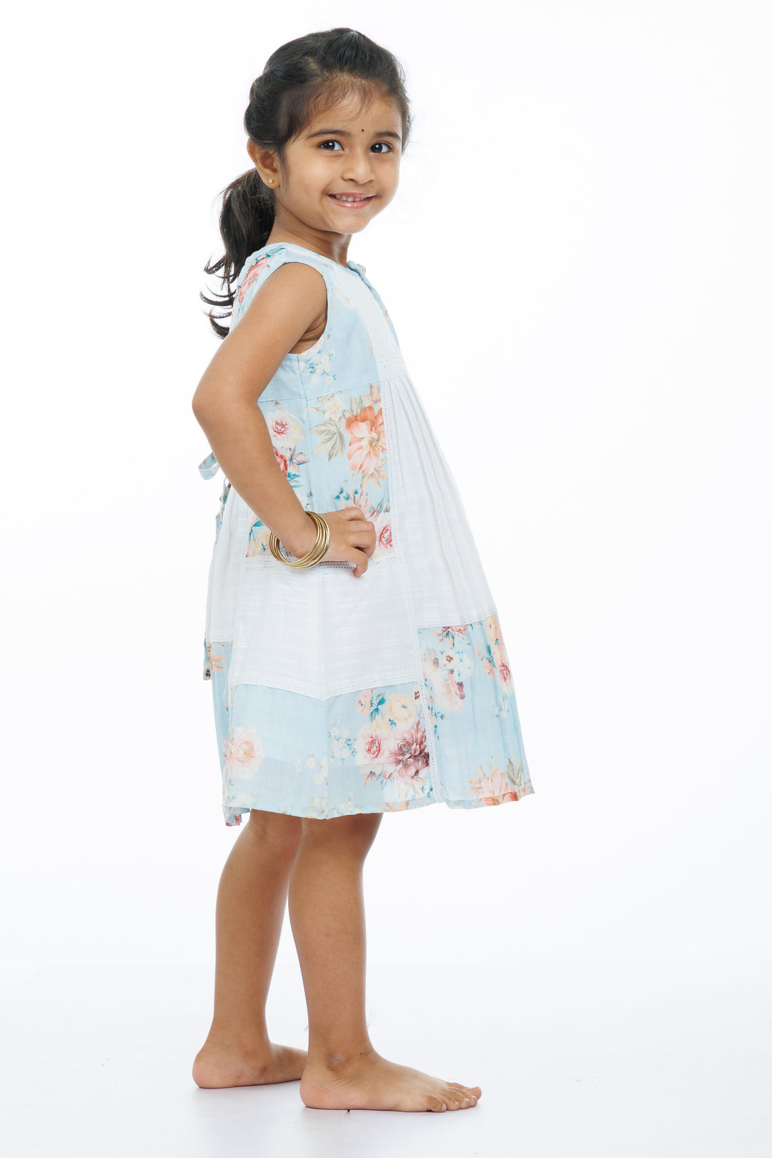 The Nesavu Girls Cotton Frock Girls Summer Breeze Floral Cotton Frock with Pleated Elegance Nesavu Pleated Style Floral Print Cotton Frock for Girls | Quintessential Summer Wear | The Nesavu