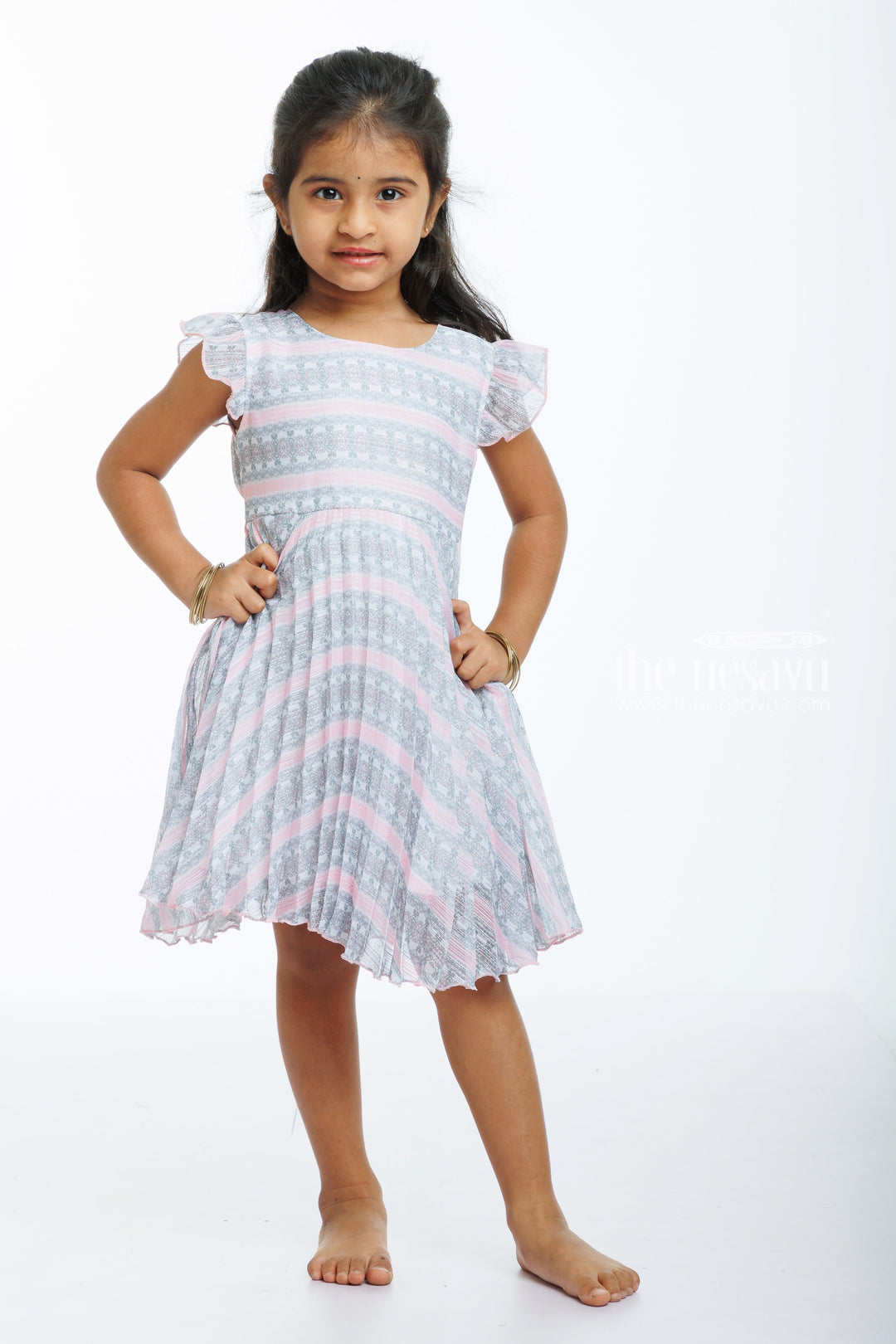 The Nesavu Baby Fancy Frock Girls Summer Breeze Frock with Delicate Floral Stripes Nesavu 16 (1Y) / Salmon / Georgette BFJ541A-16 Charming Floral Striped Girls Frock for Summer Fun | Light and Airy | The Nesavu