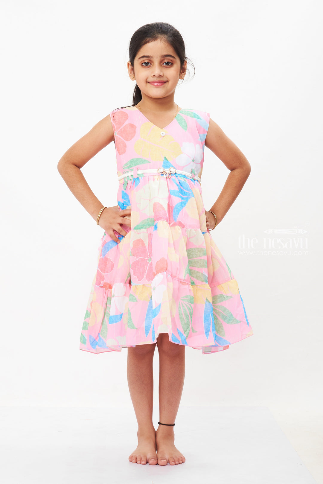 The Nesavu Girls Fancy Frock Girls Summery Floral Belted Dress - Bright and Breezy Nesavu 20 (3Y) / Pink / Georgette GFC1283A-20 Stylish Floral Girls Dresses for Summer | Playful & Cool | The Nesavu