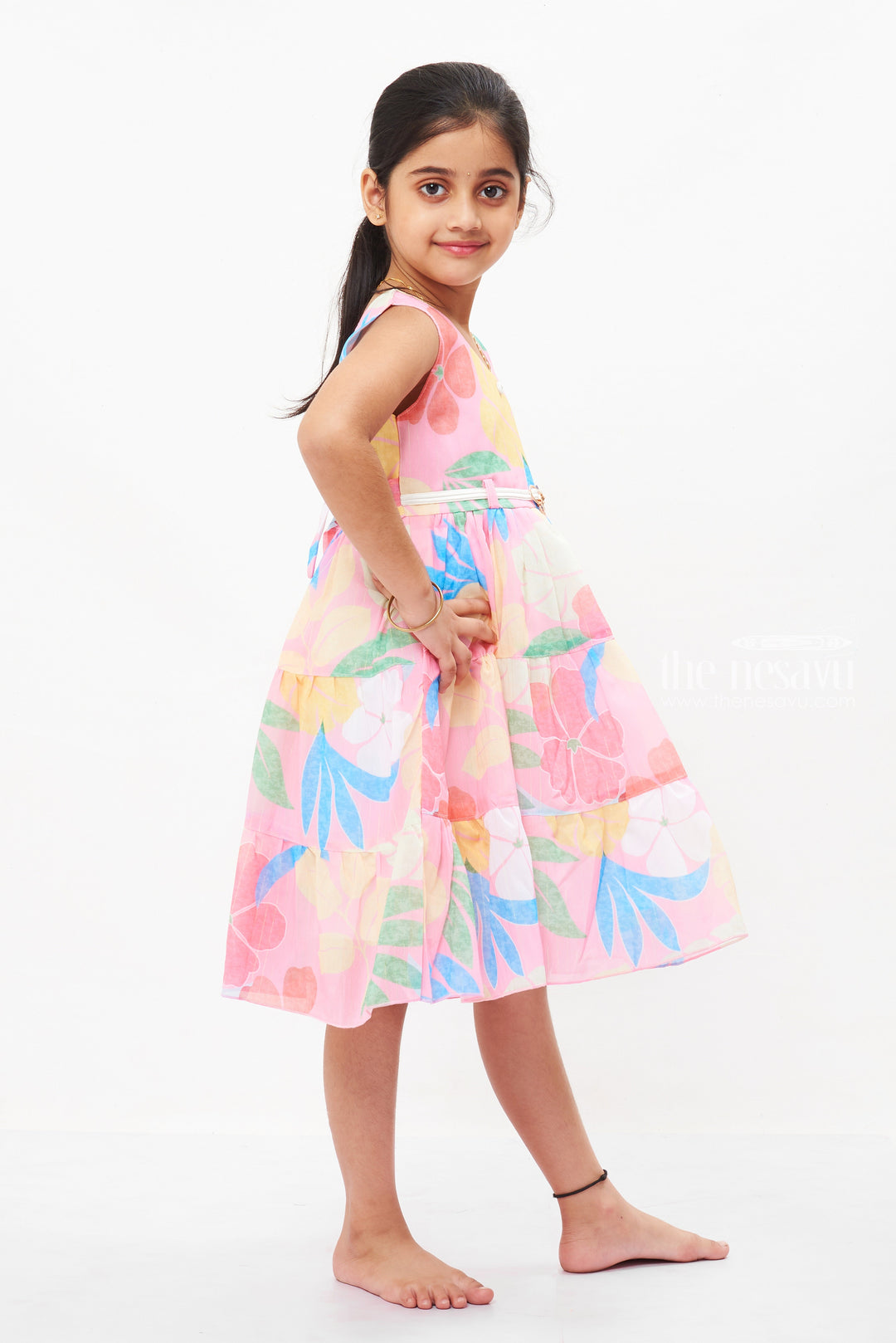 The Nesavu Girls Fancy Frock Girls Summery Floral Belted Dress - Bright and Breezy Nesavu Stylish Floral Girls Dresses for Summer | Playful & Cool | The Nesavu