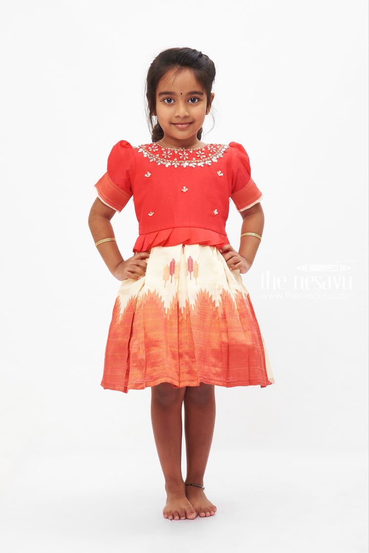 The Nesavu Silk Party Frock Girls' Sunset Silk Party Frock with Crystal Embellishments Nesavu 16 (1Y) / Pink SF659C-16 Girls' Luxurious Coral Silk Frock for Parties and Celebrations | The Nesavu