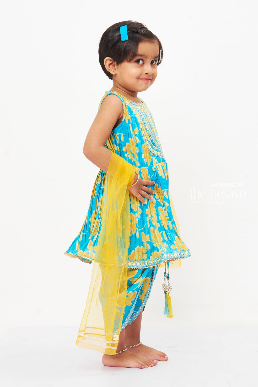 The Nesavu Girls Dothi Sets Girls Sunshine Blue Kurti with Dhoti Pant Set - Vibrant and Versatile Nesavu Shop Girls Blue Floral Kurti & Dhoti Pant Set | Perfect Outfit for All Occasions
