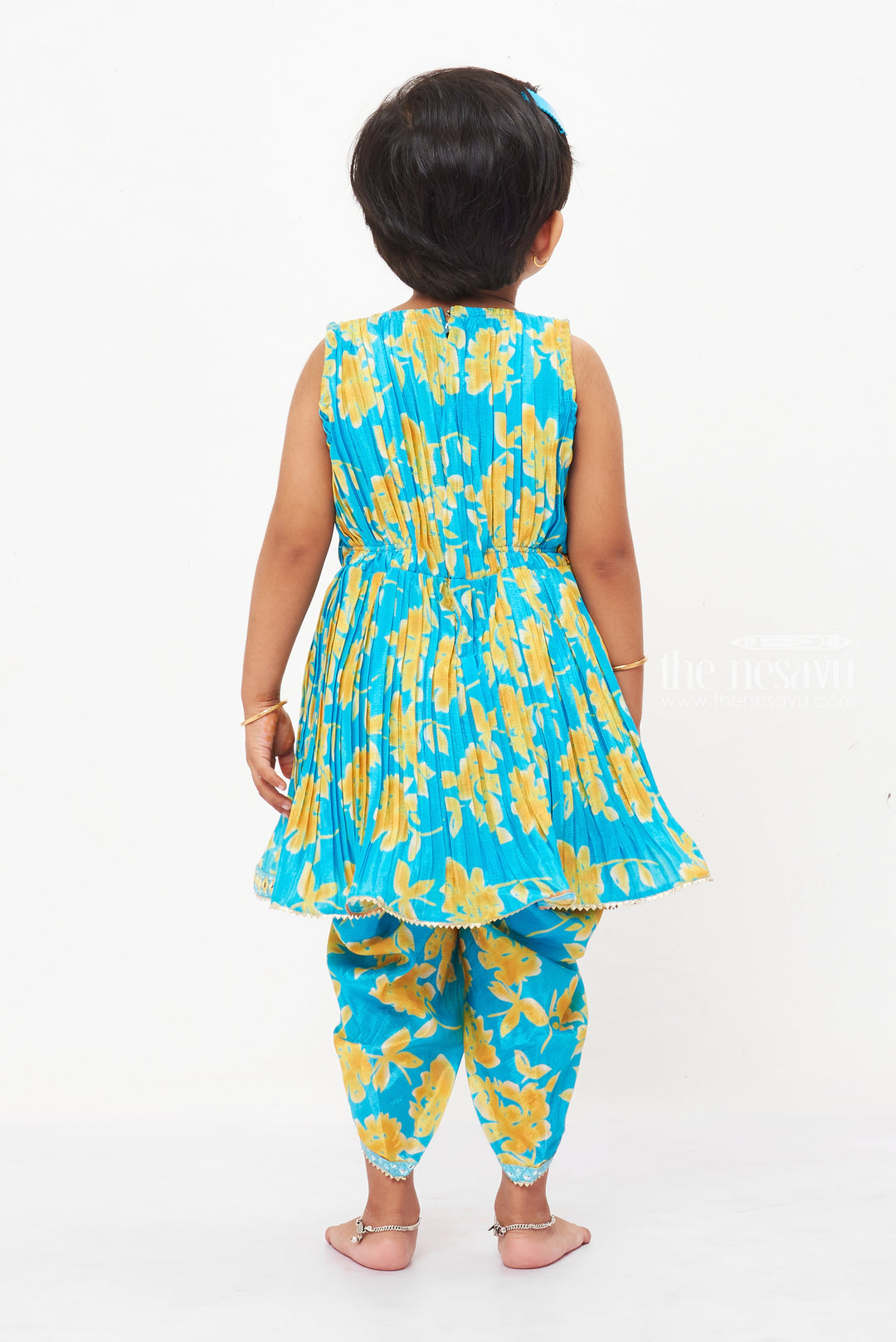 The Nesavu Girls Dothi Sets Girls Sunshine Blue Kurti with Dhoti Pant Set - Vibrant and Versatile Nesavu Shop Girls Blue Floral Kurti & Dhoti Pant Set | Perfect Outfit for All Occasions