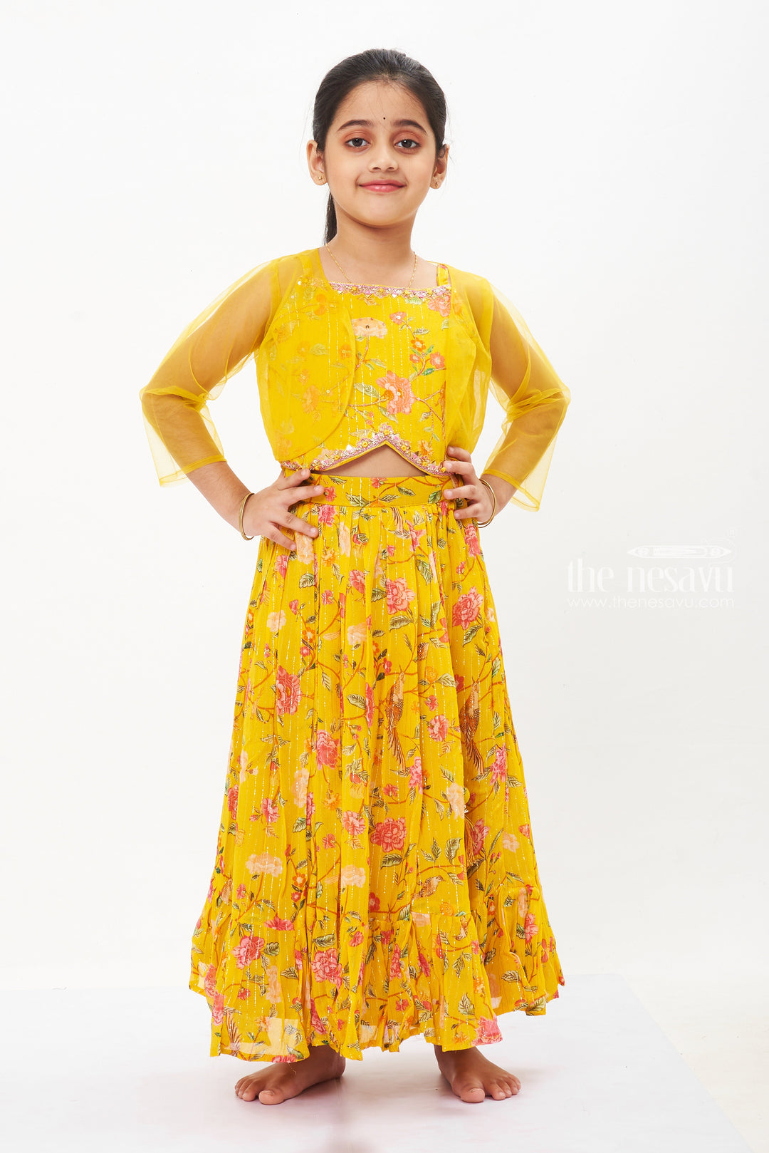 The Nesavu Girls Lehenga Choli Girls Sunshine Floral Pavada Set with Festive Jacket - Celebrate Ugadi in Style Nesavu 16 (1Y) / Yellow / Viscose Silk GL425A-16 Celebratory Girls Ghagra Choli with Jacket | Vibrant Eid & Ugadi Attire | The Nesavu