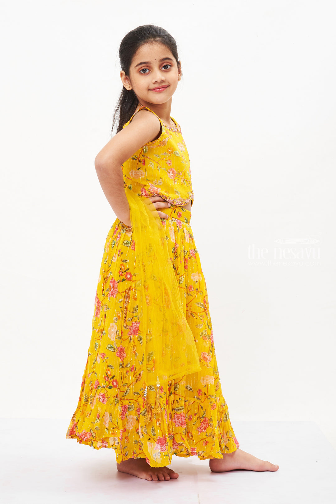 The Nesavu Girls Lehenga Choli Girls Sunshine Floral Pavada Set with Festive Jacket - Celebrate Ugadi in Style Nesavu Celebratory Girls Ghagra Choli with Jacket | Vibrant Eid & Ugadi Attire | The Nesavu