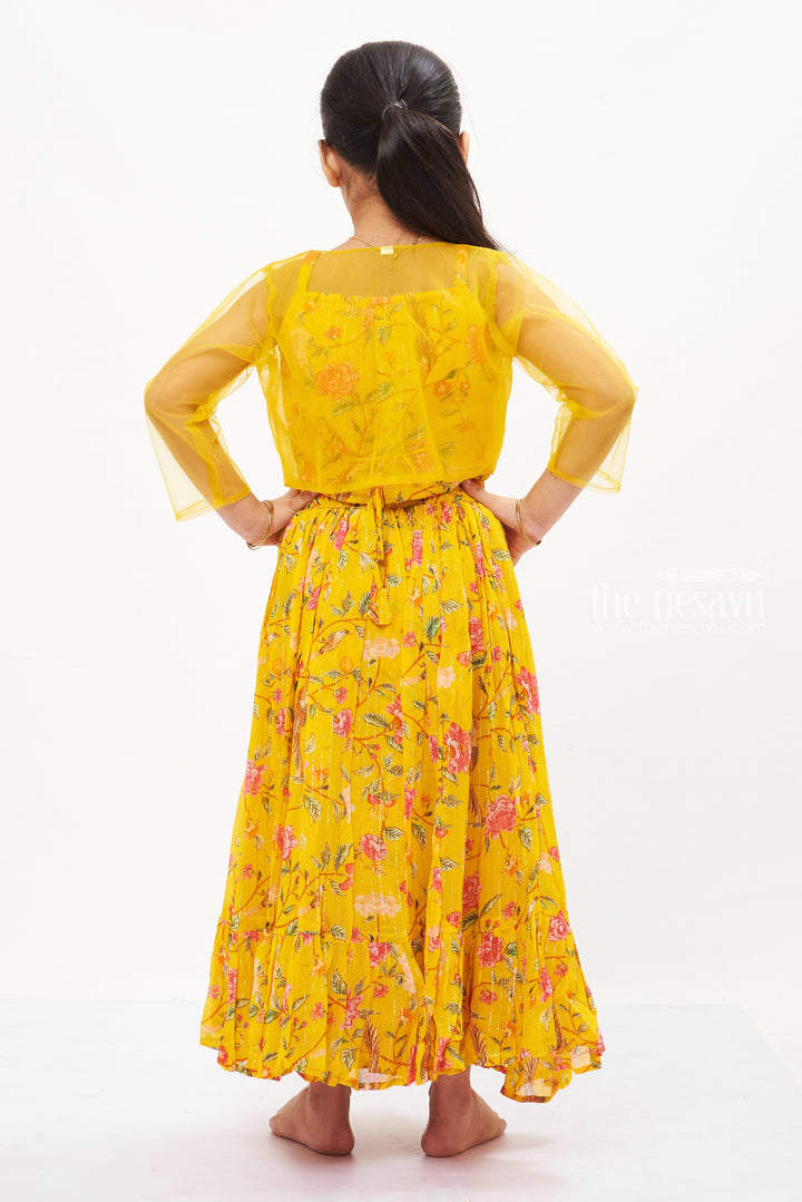 The Nesavu Girls Lehenga Choli Girls Sunshine Floral Pavada Set with Festive Jacket - Celebrate Ugadi in Style Nesavu Celebratory Girls Ghagra Choli with Jacket | Vibrant Eid & Ugadi Attire | The Nesavu