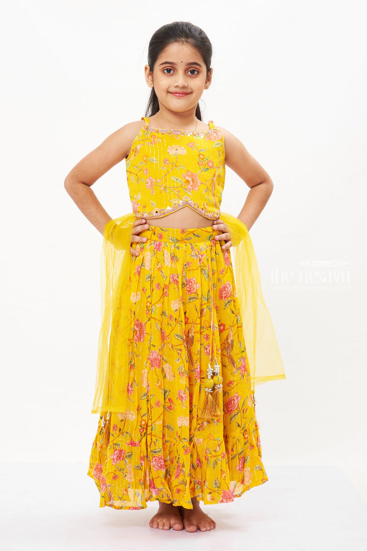 The Nesavu Girls Lehenga Choli Girls Sunshine Floral Pavada Set with Festive Jacket - Celebrate Ugadi in Style Nesavu Celebratory Girls Ghagra Choli with Jacket | Vibrant Eid & Ugadi Attire | The Nesavu