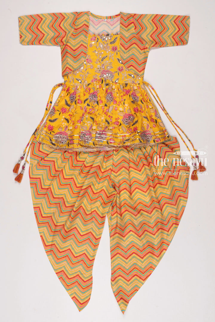 The Nesavu Girls Dothi Sets Girls Sunshine Yellow Floral Kurti with Chevron Dhoti and Bolero Set Nesavu 26 (6Y) / Yellow GPS199C-26 Girls Floral Yellow Kurti Chevron Dhoti Set | Cheerful Ethnic Ensemble | The Nesavu