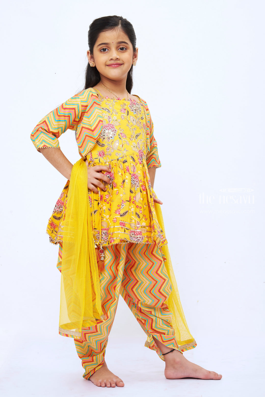 The Nesavu Girls Dothi Sets Girls Sunshine Yellow Floral Kurti with Chevron Dhoti and Bolero Set Nesavu 26 (6Y) / Yellow / Viscose GPS199C-26 Girls Floral Yellow Kurti Chevron Dhoti Set | Cheerful Ethnic Ensemble | The Nesavu