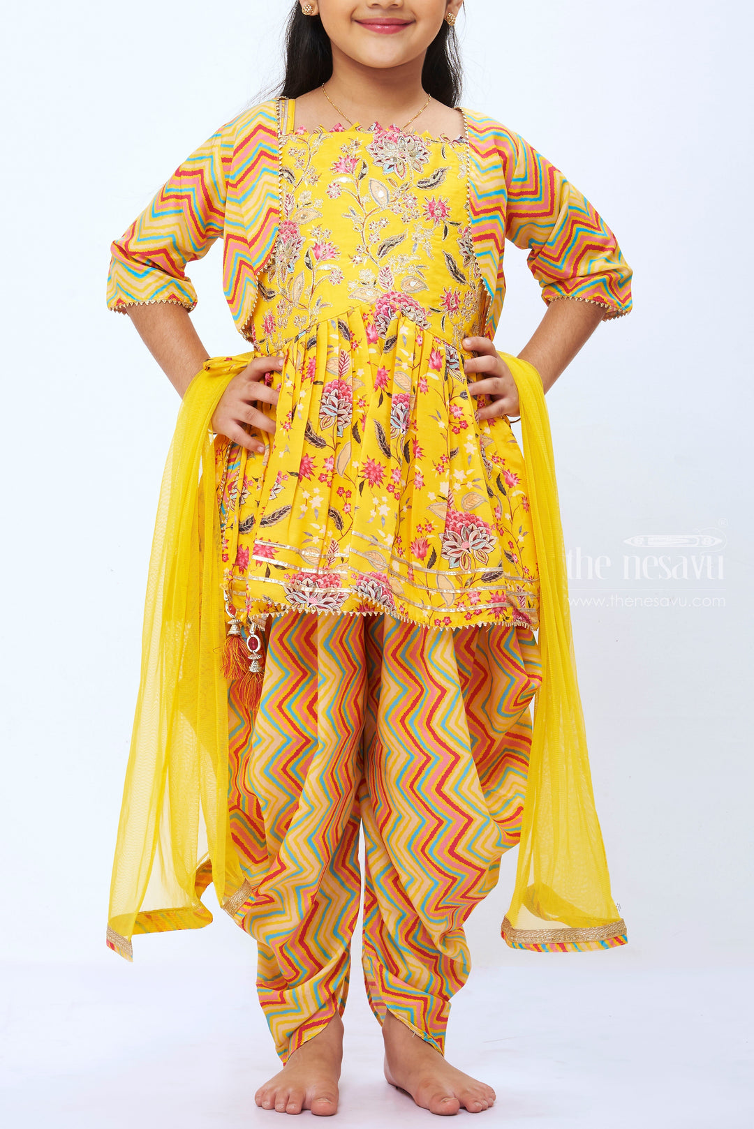 The Nesavu Girls Dothi Sets Girls Sunshine Yellow Floral Kurti with Chevron Dhoti and Bolero Set Nesavu 26 (6Y) / Yellow / Viscose GPS199C-26 Girls Floral Yellow Kurti Chevron Dhoti Set | Cheerful Ethnic Ensemble | The Nesavu