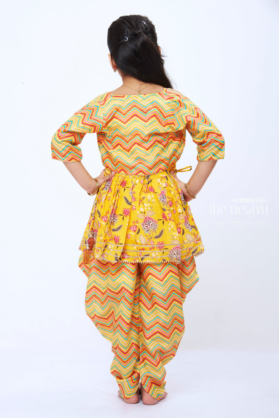 The Nesavu Girls Dothi Sets Girls Sunshine Yellow Floral Kurti with Chevron Dhoti and Bolero Set Nesavu 26 (6Y) / Yellow / Viscose GPS199C-26 Girls Floral Yellow Kurti Chevron Dhoti Set | Cheerful Ethnic Ensemble | The Nesavu