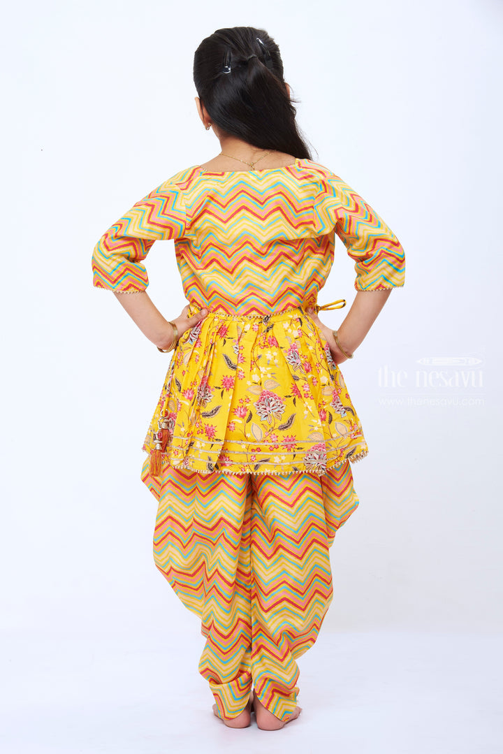 The Nesavu Girls Dothi Sets Girls Sunshine Yellow Floral Kurti with Chevron Dhoti and Bolero Set Nesavu 26 (6Y) / Yellow / Viscose GPS199C-26 Girls Floral Yellow Kurti Chevron Dhoti Set | Cheerful Ethnic Ensemble | The Nesavu