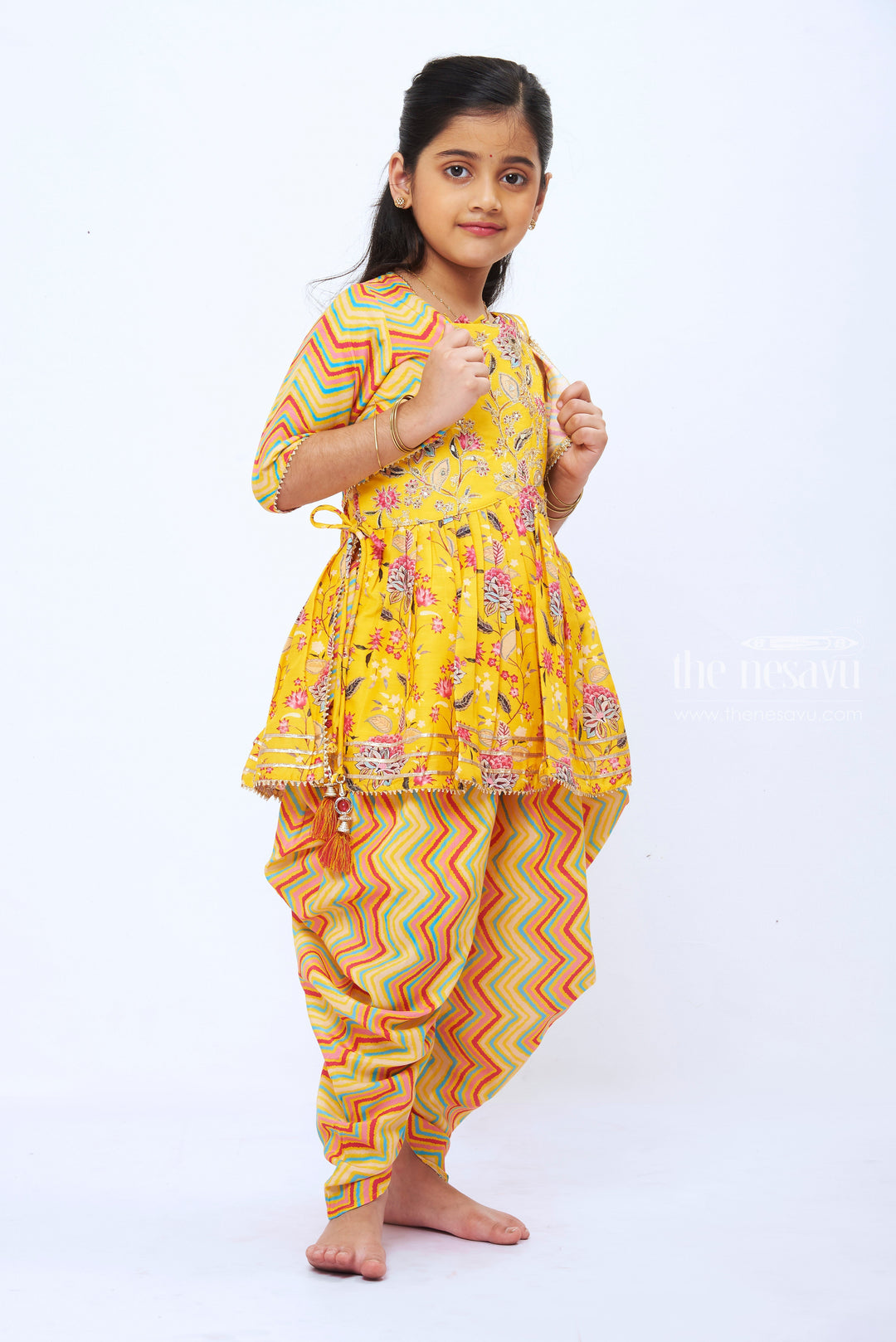 The Nesavu Girls Dothi Sets Girls Sunshine Yellow Floral Kurti with Chevron Dhoti and Bolero Set Nesavu 26 (6Y) / Yellow / Viscose GPS199C-26 Girls Floral Yellow Kurti Chevron Dhoti Set | Cheerful Ethnic Ensemble | The Nesavu