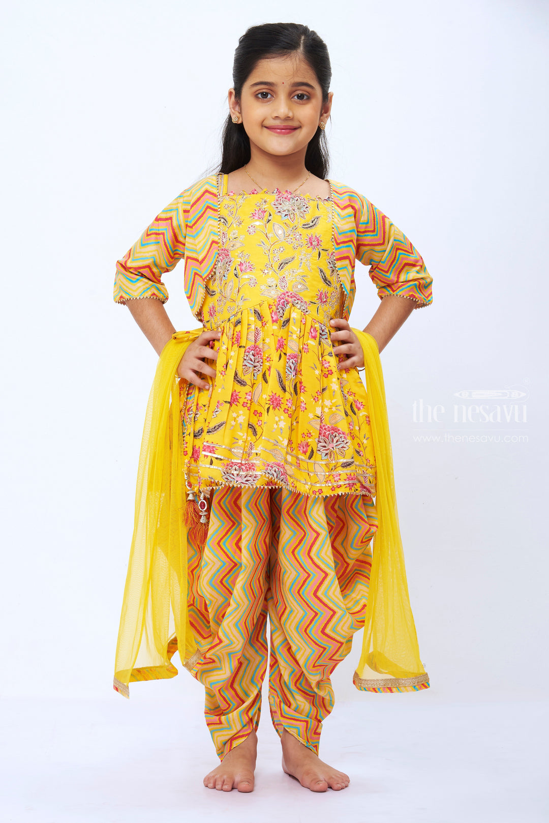 The Nesavu Girls Dothi Sets Girls Sunshine Yellow Floral Kurti with Chevron Dhoti and Bolero Set Nesavu 26 (6Y) / Yellow / Viscose GPS199C-26 Girls Floral Yellow Kurti Chevron Dhoti Set | Cheerful Ethnic Ensemble | The Nesavu