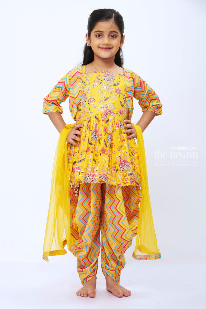 The Nesavu Girls Dothi Sets Girls Sunshine Yellow Floral Kurti with Chevron Dhoti and Bolero Set Nesavu 26 (6Y) / Yellow / Viscose GPS199C-26 Girls Floral Yellow Kurti Chevron Dhoti Set | Cheerful Ethnic Ensemble | The Nesavu