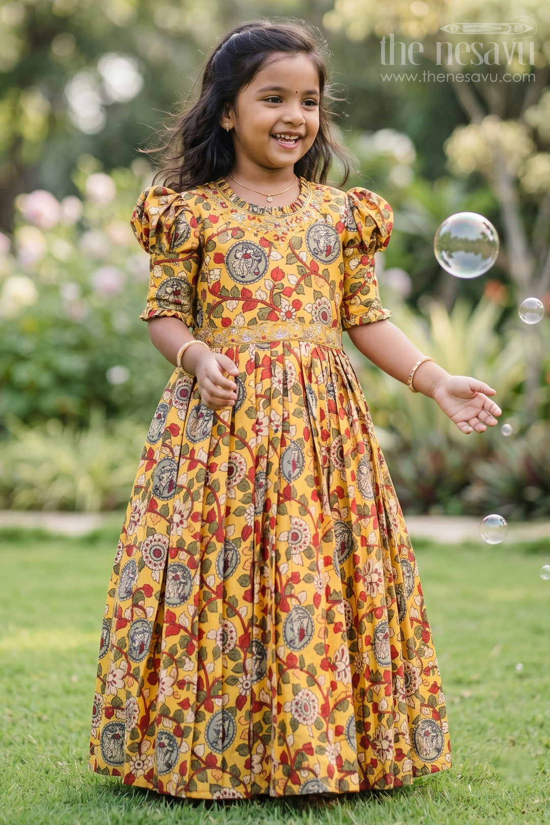 The Nesavu Girls Party Gown Girls Sunshine Yellow Kalamkari Printed Anarkali Dress with Embellished Neckline Nesavu 16 (1Y) / Yellow / Blend Silk GA192B-16 Traditional Yellow Kalamkari Anarkali Dress for Festive Occasions | The Nesavu