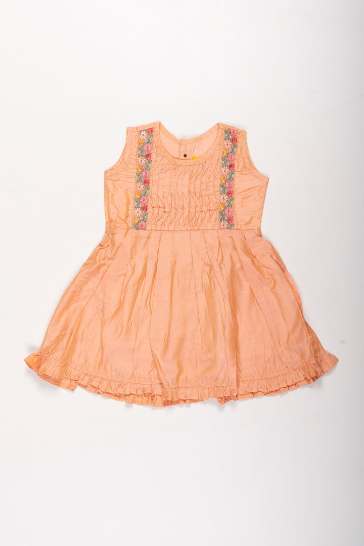 The Nesavu Girls Cotton Frock Girls Tangerine Cotton Frock with Floral Embellishment - Summer Delight Nesavu 16 (1Y) / Orange / Cotton GFC1263A-16 Floral Embroidered Sleeveless Cotton Dress for Girls | Playful & Chic | The Nesavu