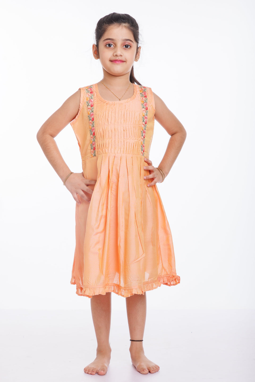 The Nesavu Girls Cotton Frock Girls Tangerine Cotton Frock with Floral Embellishment - Summer Delight Nesavu 16 (1Y) / Orange / Cotton GFC1263A-16 Floral Embroidered Sleeveless Cotton Dress for Girls | Playful & Chic | The Nesavu