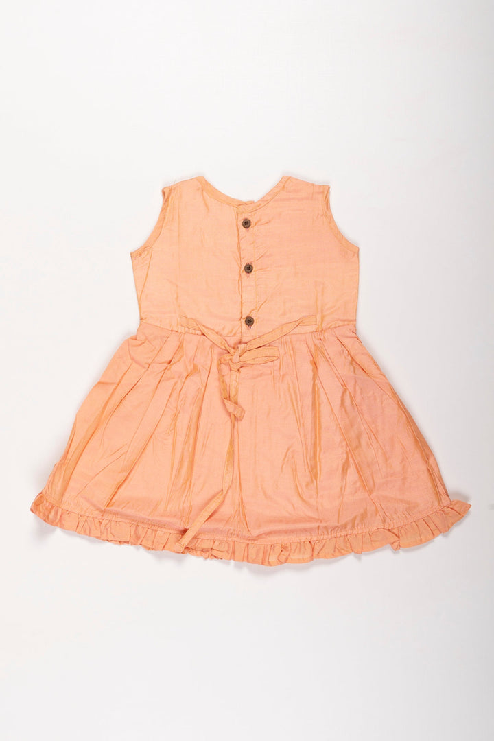 The Nesavu Girls Cotton Frock Girls Tangerine Cotton Frock with Floral Embellishment - Summer Delight Nesavu Floral Embroidered Sleeveless Cotton Dress for Girls | Playful & Chic | The Nesavu