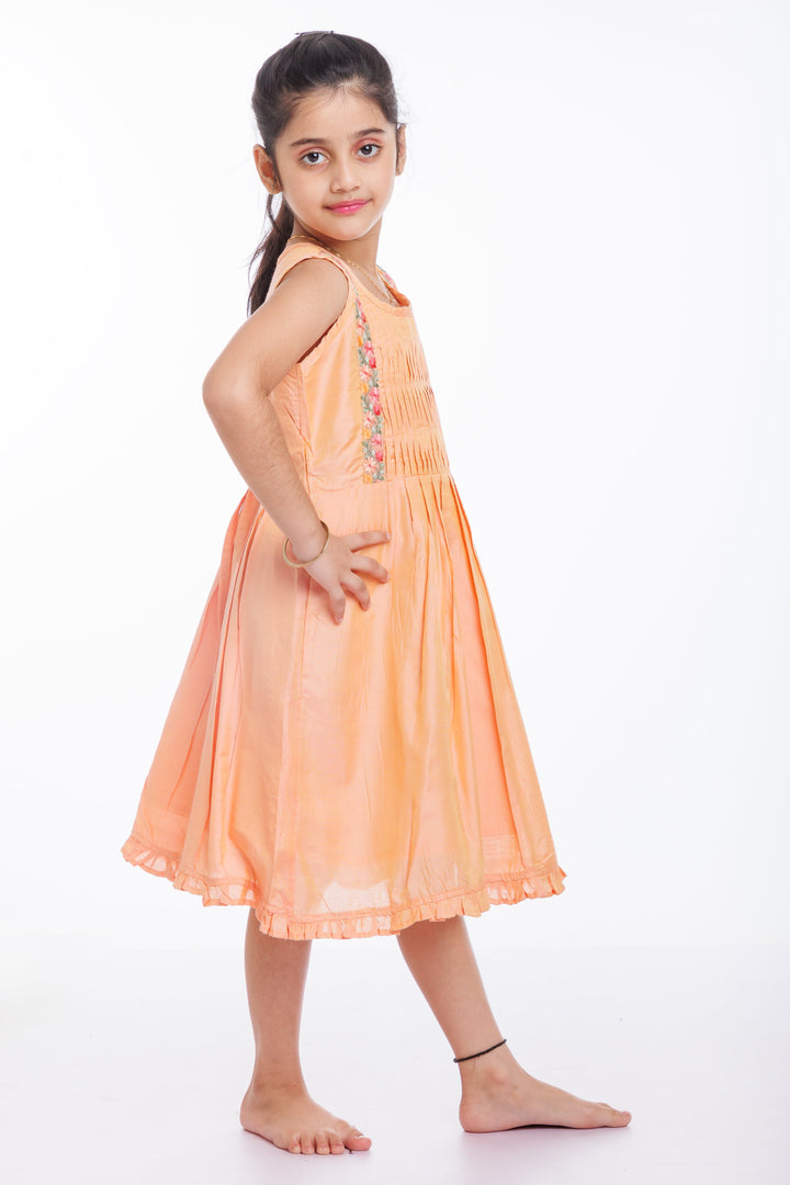 The Nesavu Girls Cotton Frock Girls Tangerine Cotton Frock with Floral Embellishment - Summer Delight Nesavu Floral Embroidered Sleeveless Cotton Dress for Girls | Playful & Chic | The Nesavu