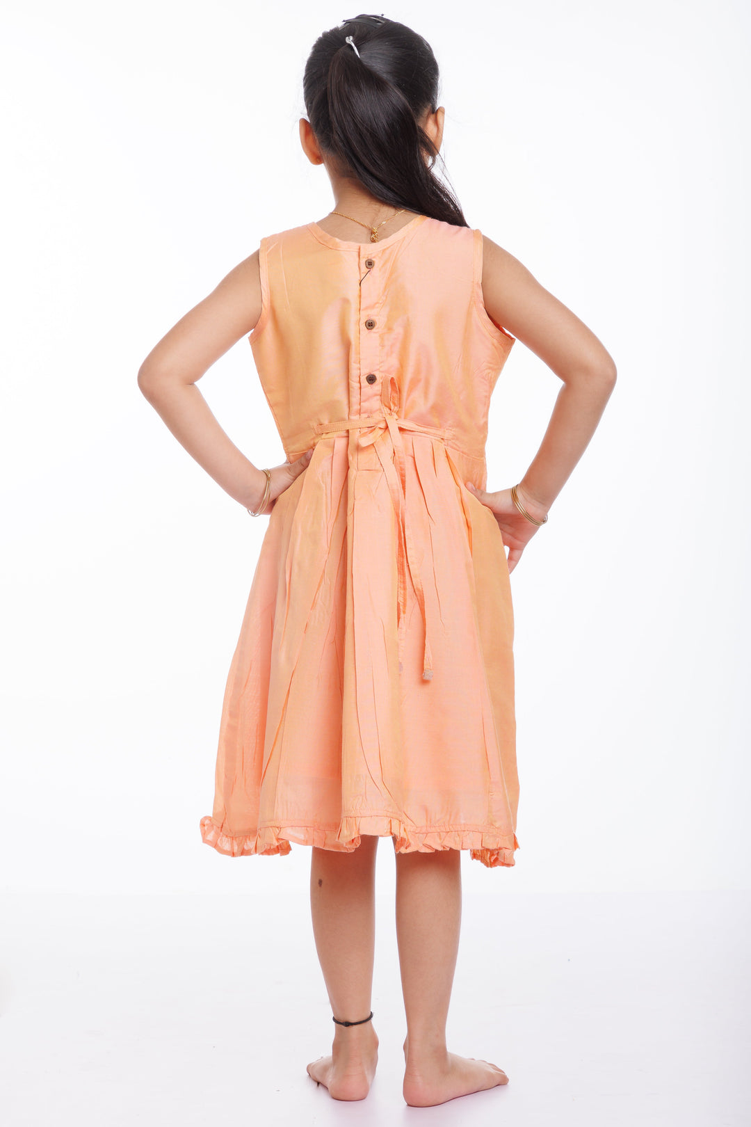 The Nesavu Girls Cotton Frock Girls Tangerine Cotton Frock with Floral Embellishment - Summer Delight Nesavu Floral Embroidered Sleeveless Cotton Dress for Girls | Playful & Chic | The Nesavu