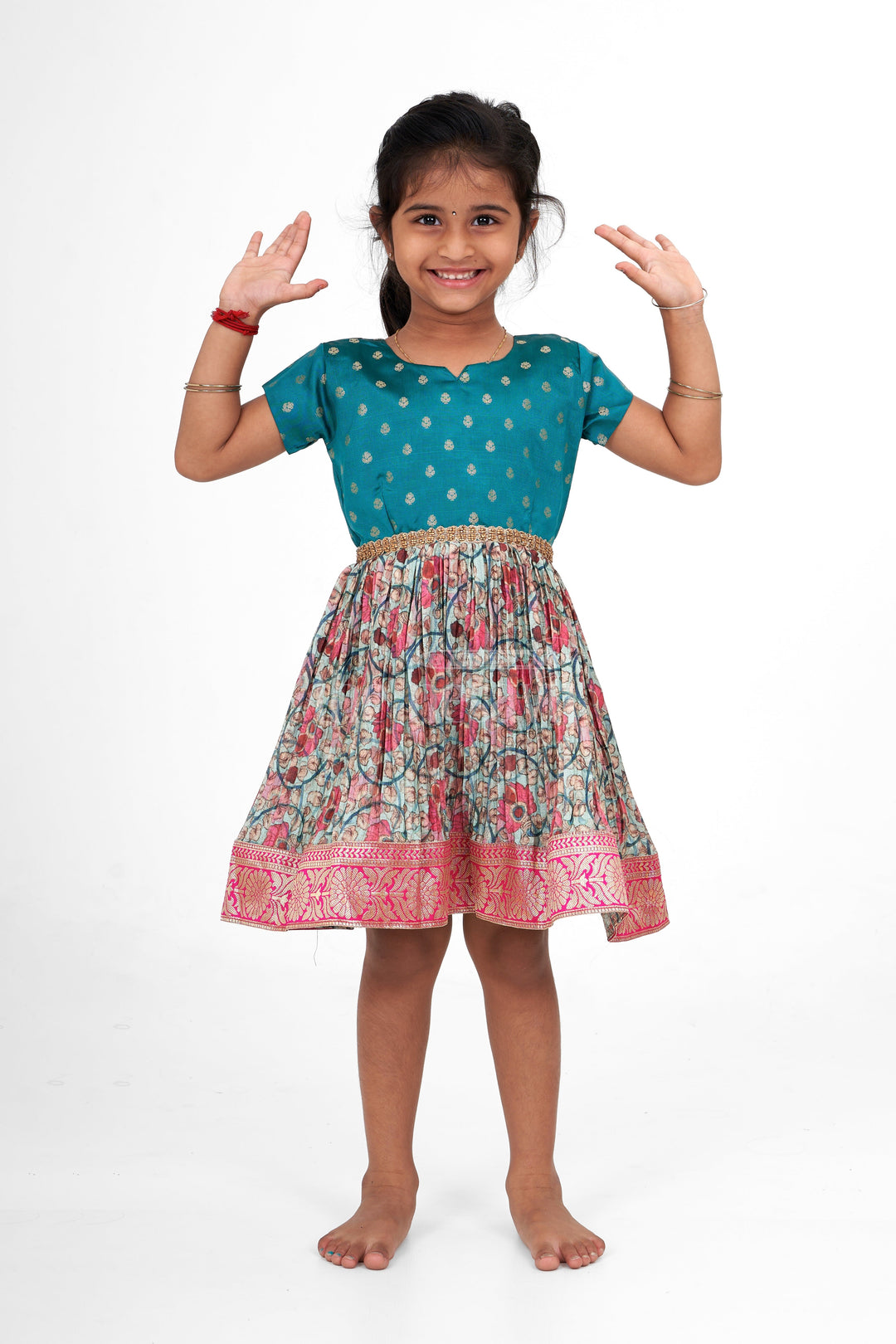 The Nesavu Silk Frock Girls Teal and Pink Silk Christmas Party Dress with Floral Pleats and Zari Border Nesavu 16 (1Y) / Multicolor SF944B-16 Nesavu Girls Teal Silk Christmas Party Dress Floral Pleats Zari Hemline