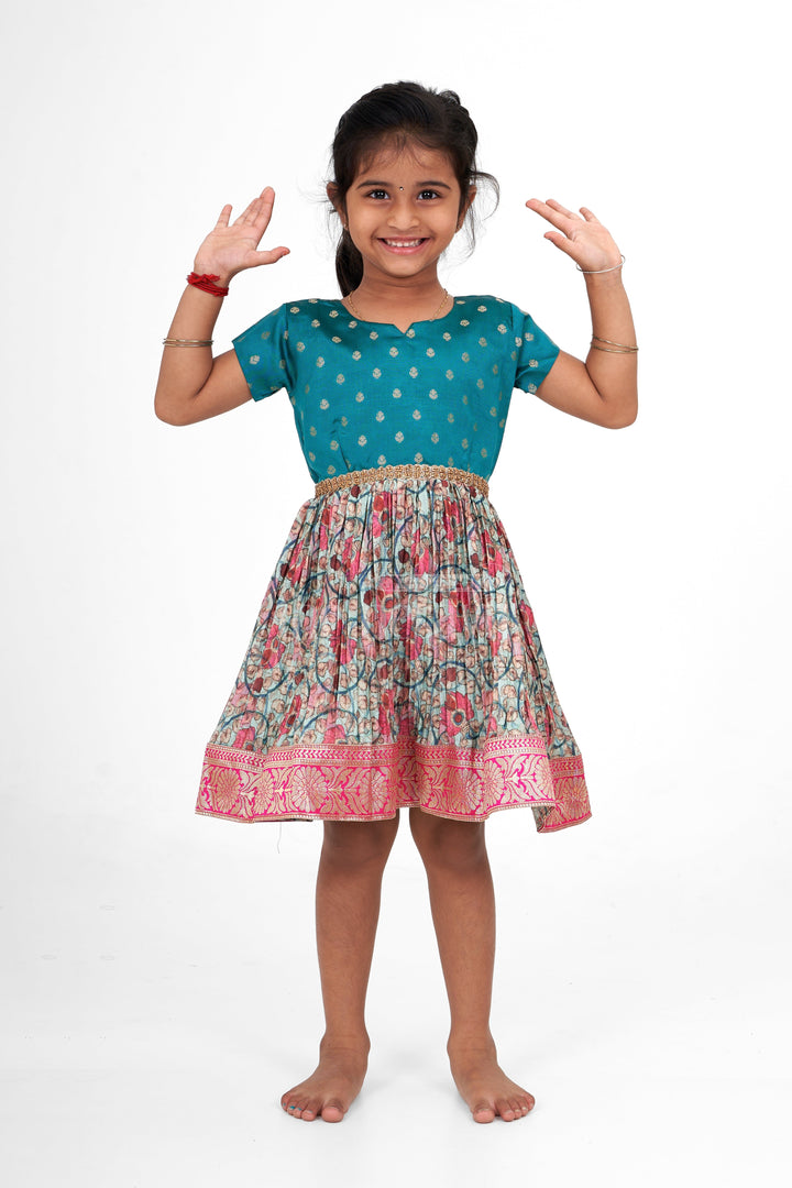 The Nesavu Silk Frock Girls Teal and Pink Silk Christmas Party Dress with Floral Pleats and Zari Border Nesavu 16 (1Y) / Multicolor SF944B-16 Nesavu Girls Teal Silk Christmas Party Dress Floral Pleats Zari Hemline
