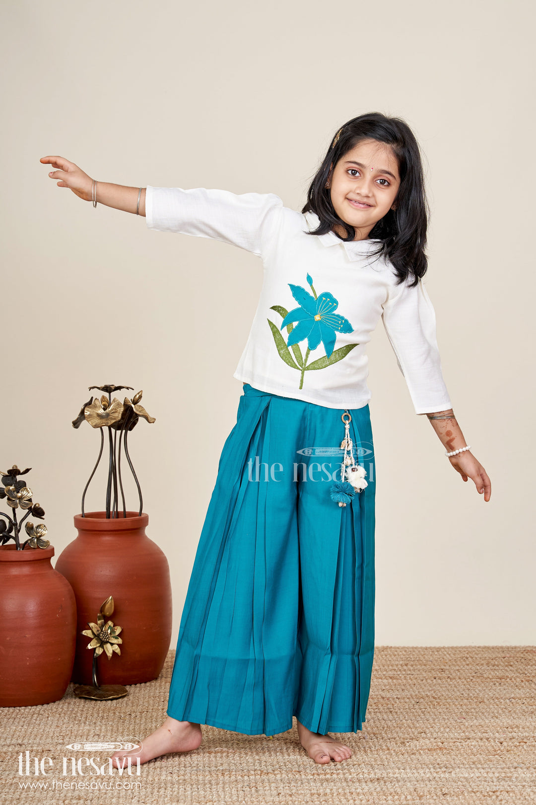 The Nesavu Girls Sharara / Plazo Set Girls teal floral embroidery top and palazzo pants set Nesavu 18 (2Y) / Blue GPS820B-18 Nesavu girls teal floral embroidered cotton top with matching palazzo festive and comfortable outfit