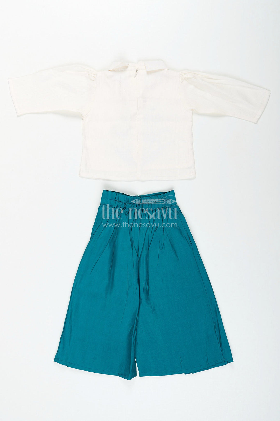 The Nesavu Girls Sharara / Plazo Set Girls teal floral embroidery top and palazzo pants set Nesavu Nesavu girls teal floral embroidered cotton top with matching palazzo festive and comfortable outfit