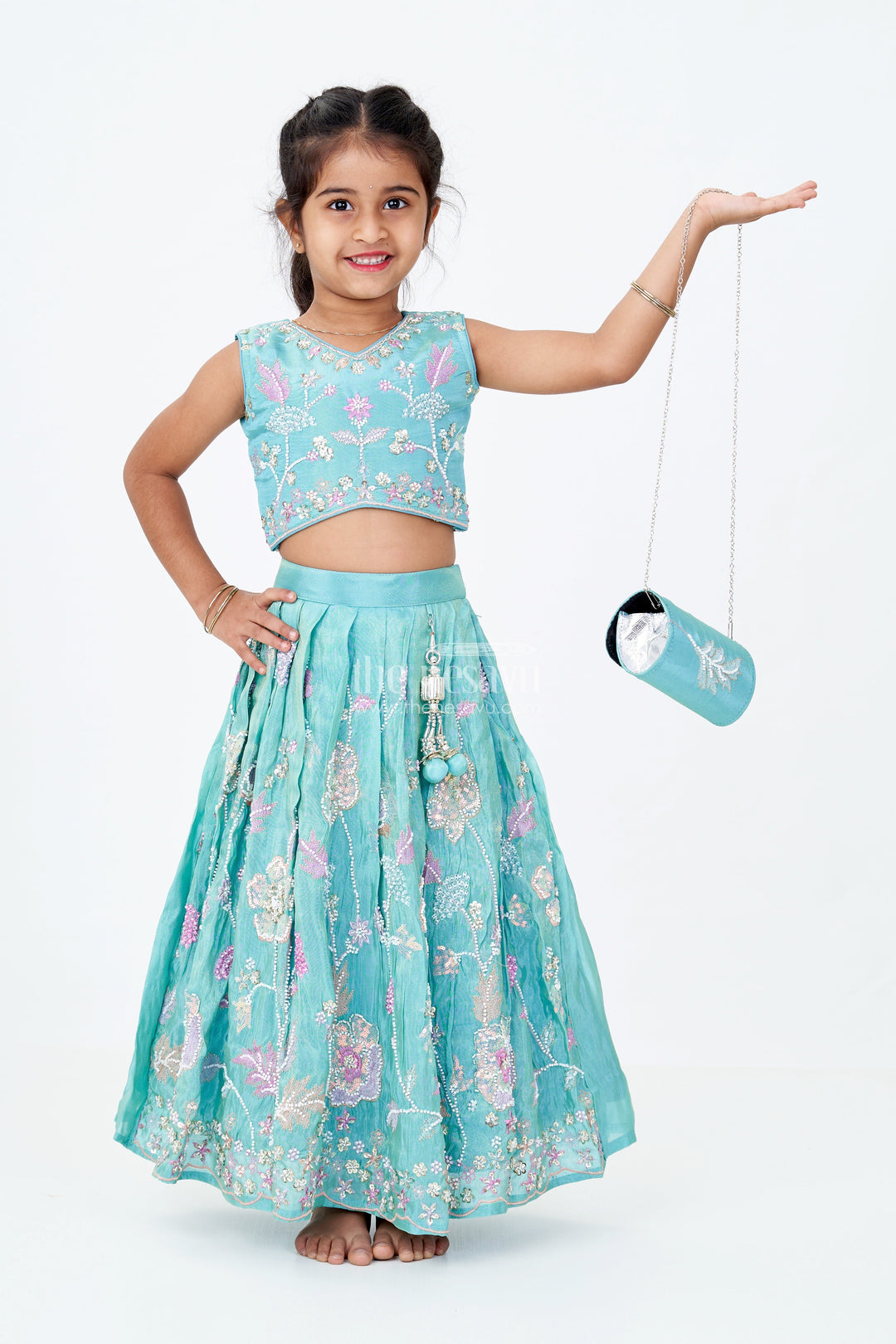 The Nesavu Girls Lehenga Choli Girls Teal Green Lehenga Choli in Banarasi Kora Tissue Silk with Heavy Designer Embroidery and Accessories Nesavu 18 (2Y) / Green GL617A-18 Nesavu Girls Teal Green Lehenga Banarasi Kora Tissue Silk Heavy Designer Embroidery Dupatta