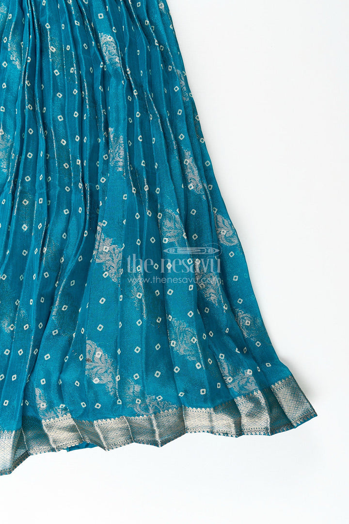 The Nesavu Girls Silk Gown Girls teal viscose tissue silk Anarkali with zari border Nesavu Nesavu girls teal viscose tissue silk Anarkali with zari border traditional festive wear