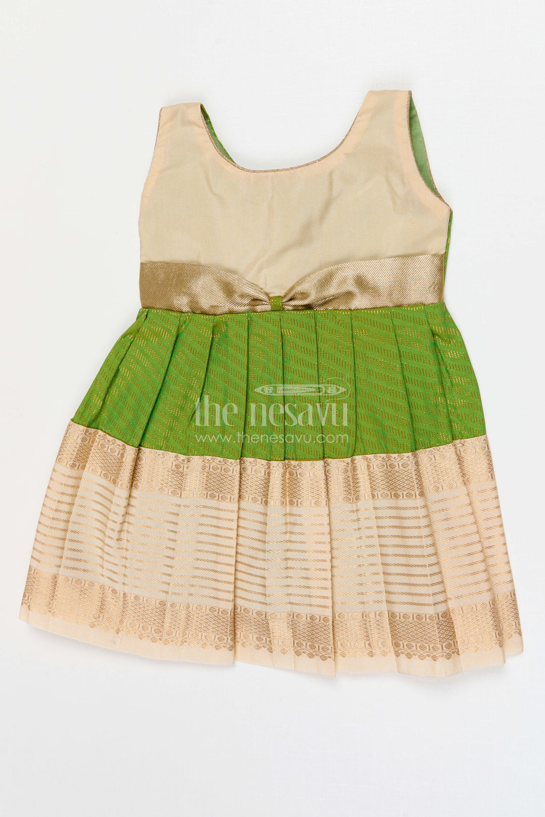 The Nesavu Girls Kanchi Silk Frock Girls Temple Wear Silk Frock for Traditional Occasions Nesavu 10 (NB) / Green / Style 3 KSF028AC-10 Nesavu Girls Temple Wear Kanchivaram Silk Frock For Traditional Ceremonies And Festive Occasions