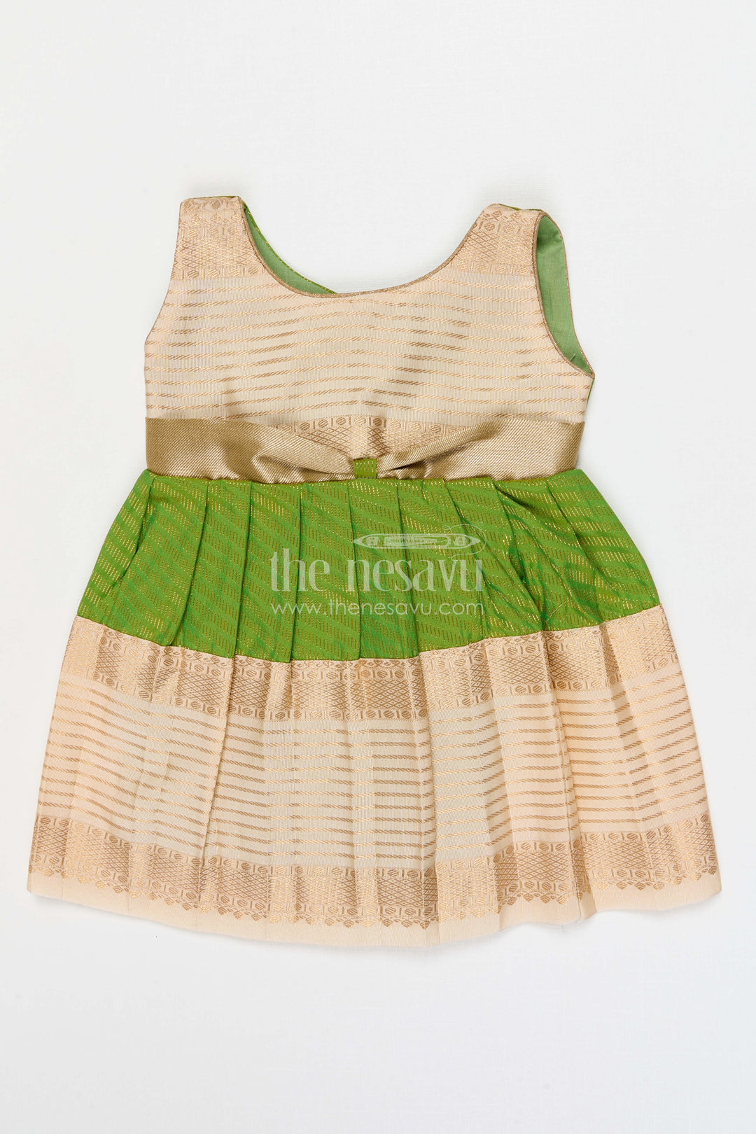 The Nesavu Girls Kanchi Silk Frock Girls Temple Wear Silk Frock for Traditional Occasions Nesavu 10 (NB) / Green / Style 4 KSF028AD-10 Nesavu Girls Temple Wear Kanchivaram Silk Frock For Traditional Ceremonies And Festive Occasions