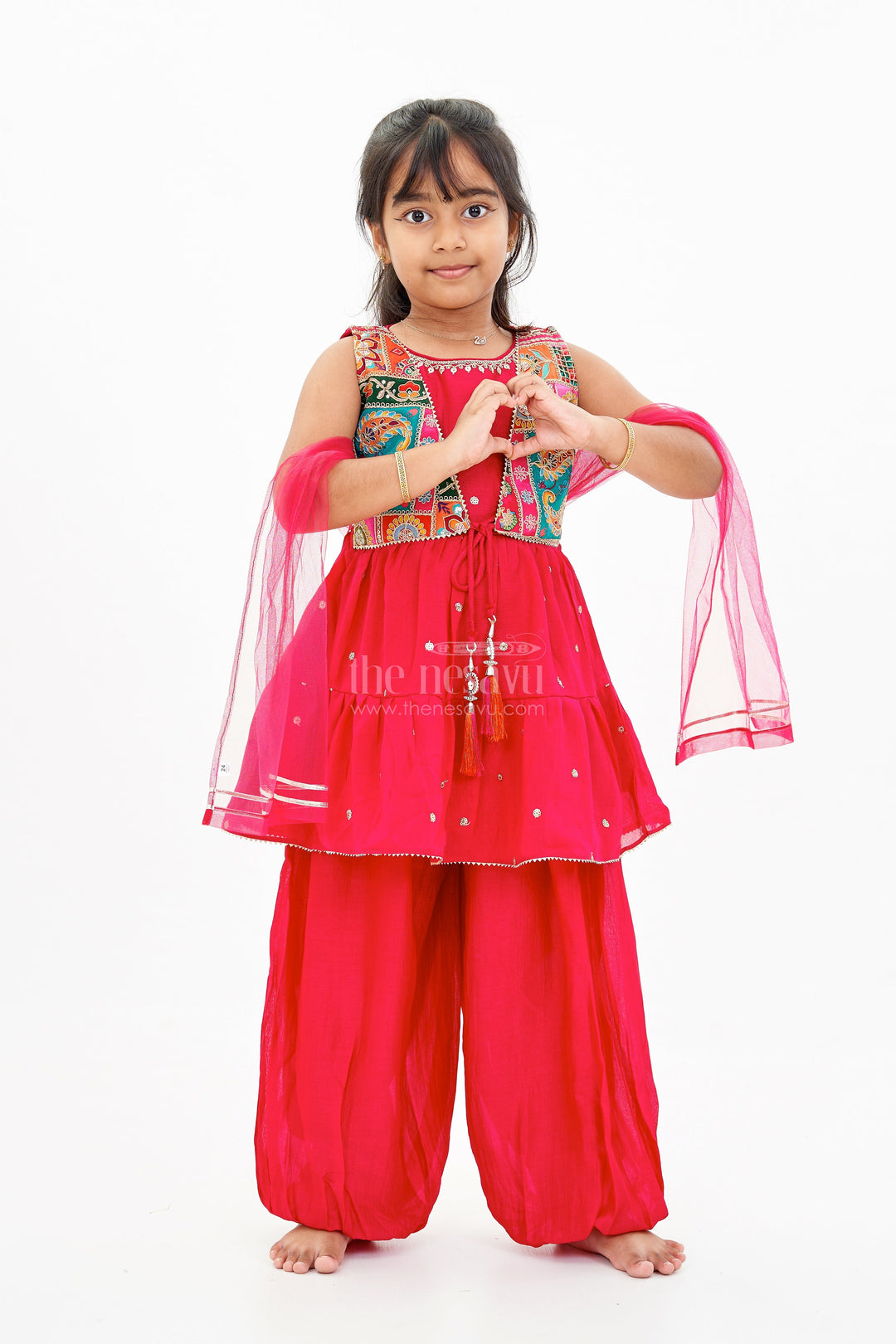 The Nesavu Girls Sharara / Plazo Set Girls Three Piece Sharara Set in Red with Embroidered Jacket and Flared Pants Nesavu 16 (1Y) / Pink GPS504B-16 Nesavu Girls Three Piece Red Sharara Set Embroidered Jacket Dupatta