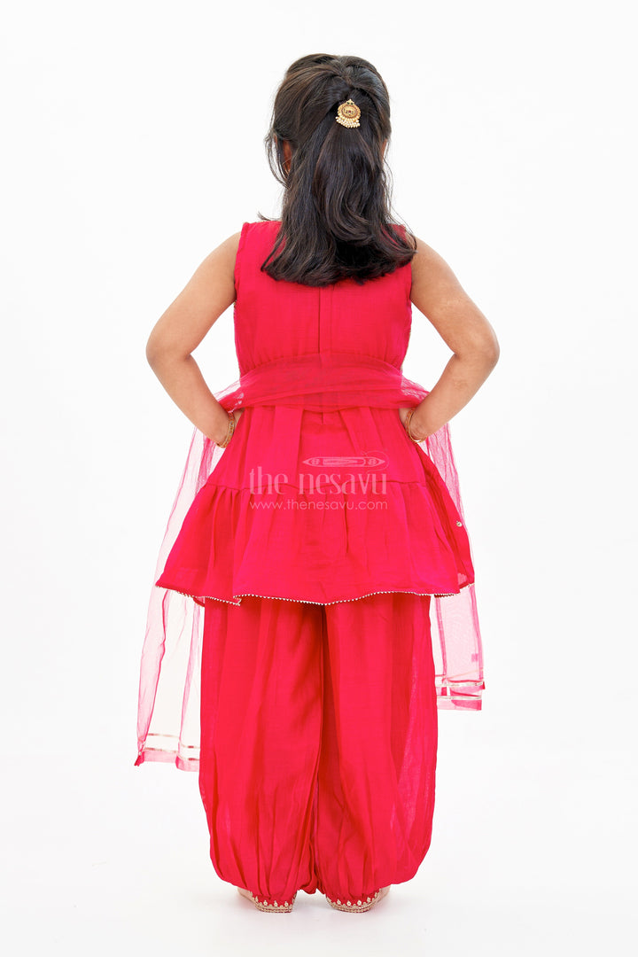 The Nesavu Girls Sharara / Plazo Set Girls Three Piece Sharara Set in Red with Embroidered Jacket and Flared Pants Nesavu Nesavu Girls Three Piece Red Sharara Set Embroidered Jacket Dupatta