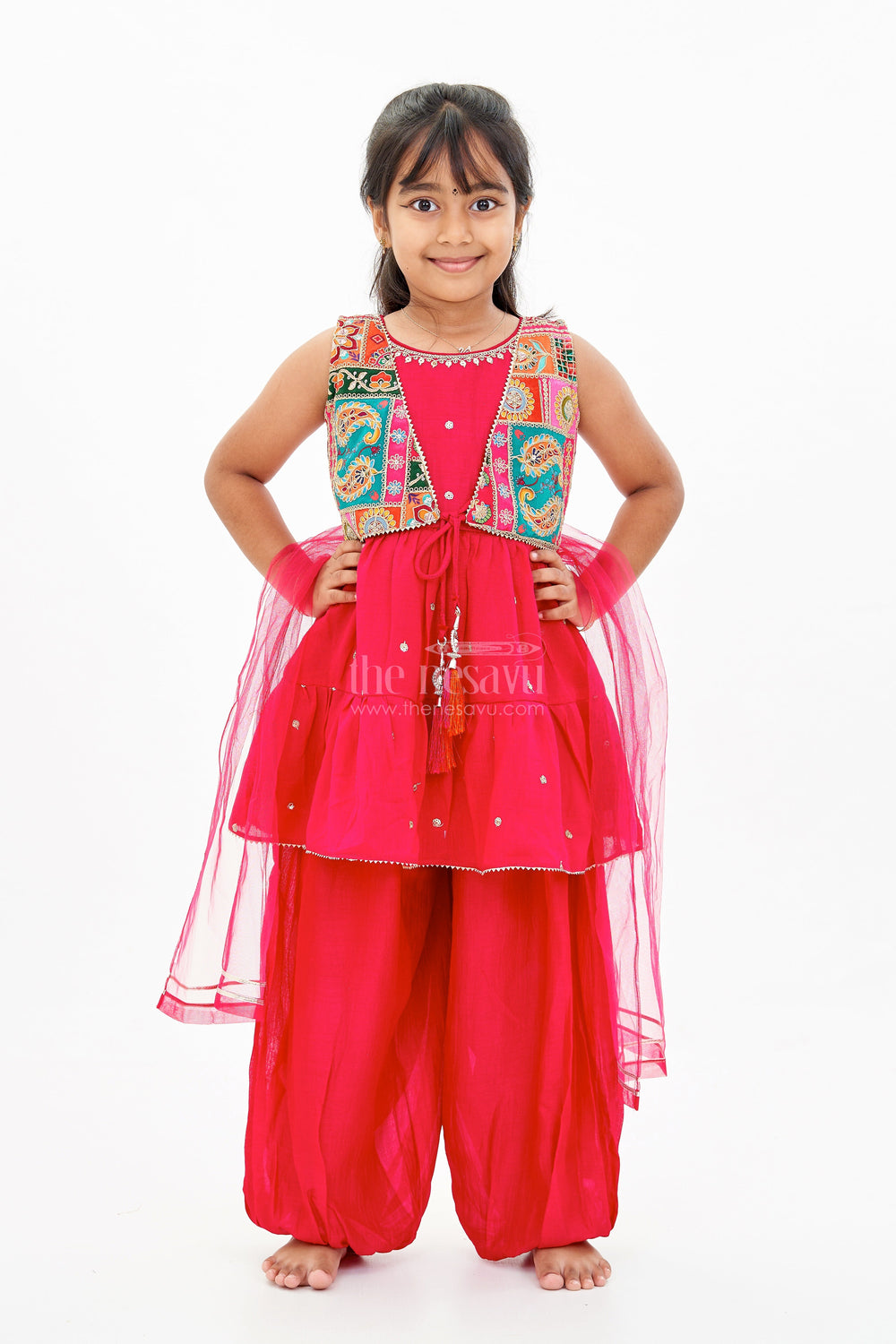 The Nesavu Girls Sharara / Plazo Set Girls Three Piece Sharara Set in Red with Embroidered Jacket and Flared Pants Nesavu Nesavu Girls Three Piece Red Sharara Set Embroidered Jacket Dupatta