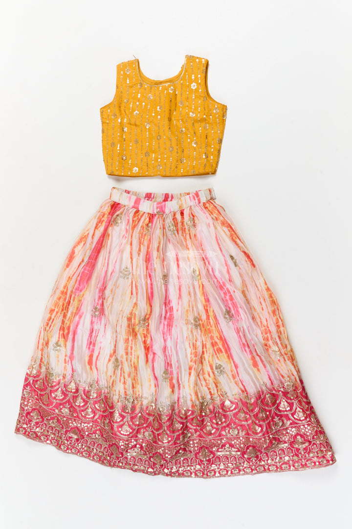 The Nesavu Girls Ethnic Lehenga Girls Tie-dye Effect Lehenga Choli Set for School Functions and Festive Playdates Nesavu 26 (6Y) / Yellow / Chinnon GL864A-26 Nesavu girls Chinon lehenga choli set with tie-dye effect and embroidered hem for festive events