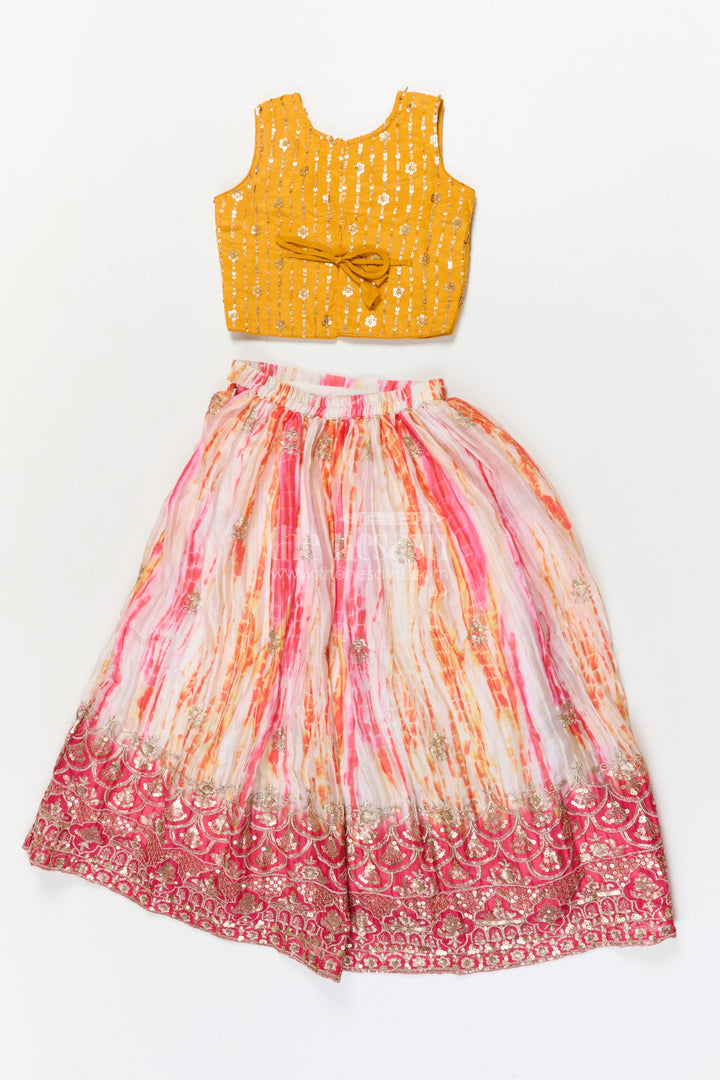 The Nesavu Girls Ethnic Lehenga Girls Tie-dye Effect Lehenga Choli Set for School Functions and Festive Playdates Nesavu Nesavu girls Chinon lehenga choli set with tie-dye effect and embroidered hem for festive events