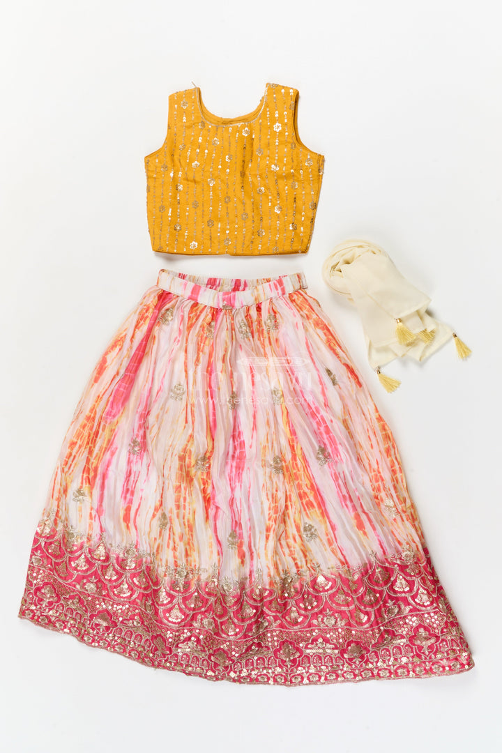 The Nesavu Girls Ethnic Lehenga Girls Tie-dye Effect Lehenga Choli Set for School Functions and Festive Playdates Nesavu Nesavu girls Chinon lehenga choli set with tie-dye effect and embroidered hem for festive events
