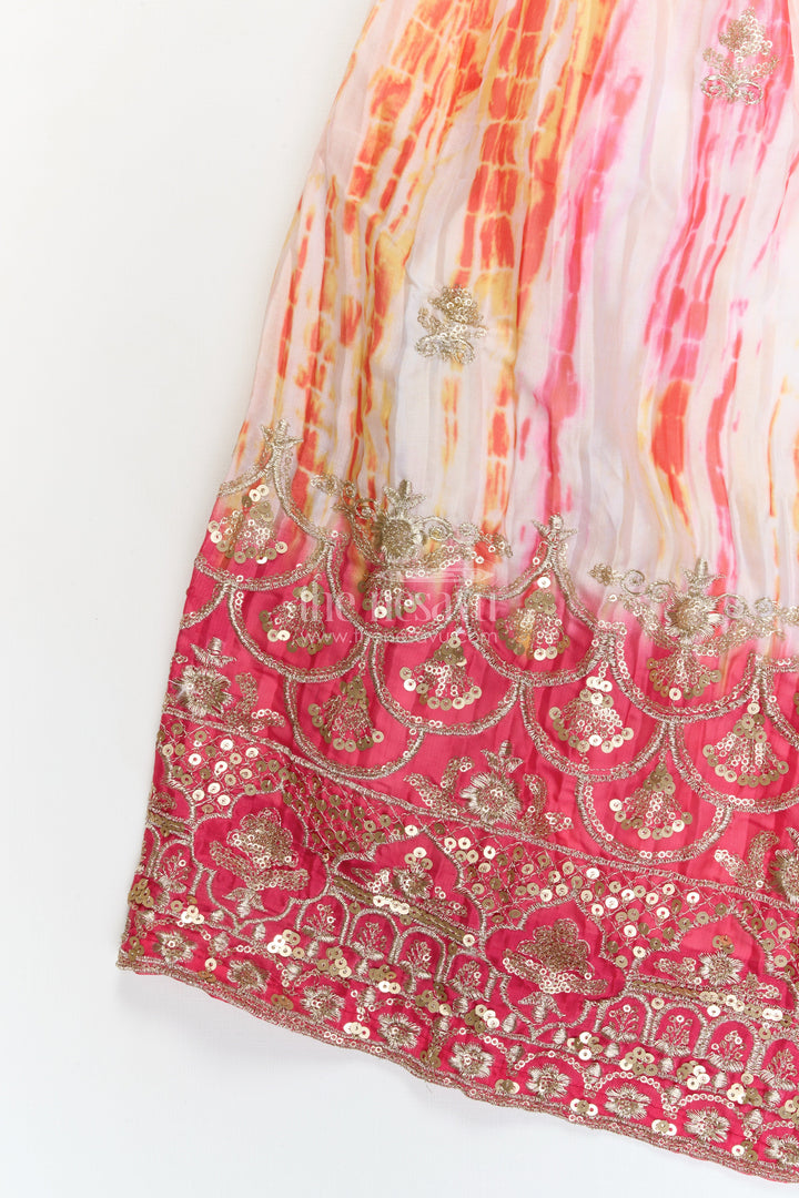 The Nesavu Girls Ethnic Lehenga Girls Tie-dye Effect Lehenga Choli Set for School Functions and Festive Playdates Nesavu Nesavu girls Chinon lehenga choli set with tie-dye effect and embroidered hem for festive events