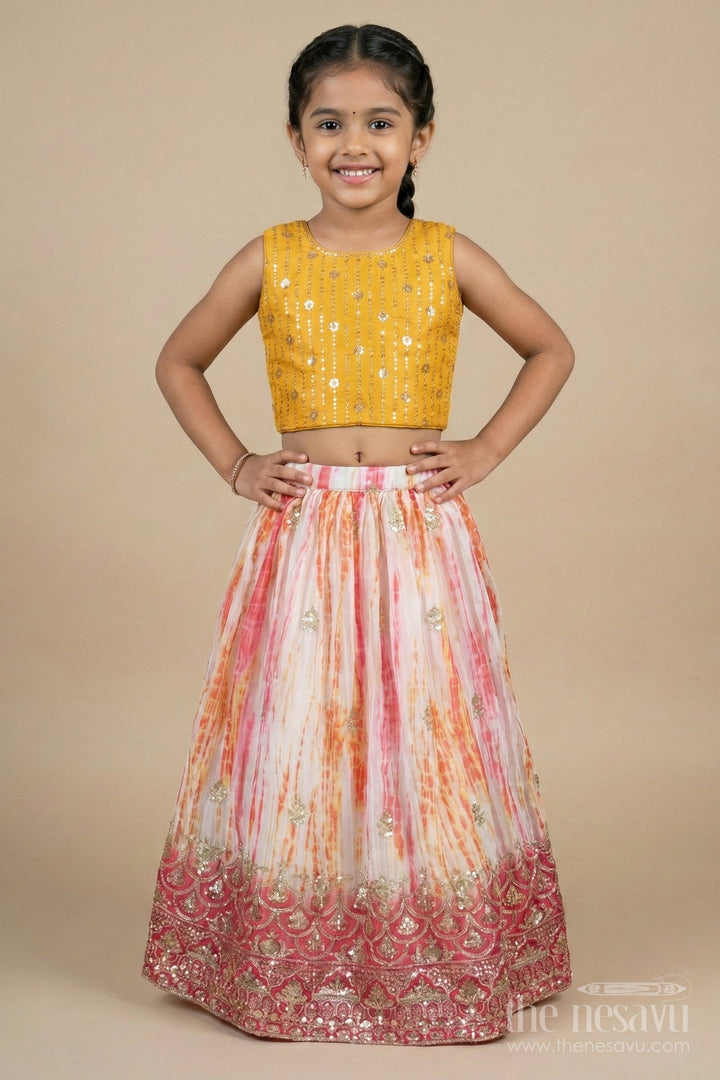 The Nesavu Girls Ethnic Lehenga Girls Tie-dye Effect Lehenga Choli Set for School Functions and Festive Playdates Nesavu Nesavu girls Chinon lehenga choli set with tie-dye effect and embroidered hem for festive events