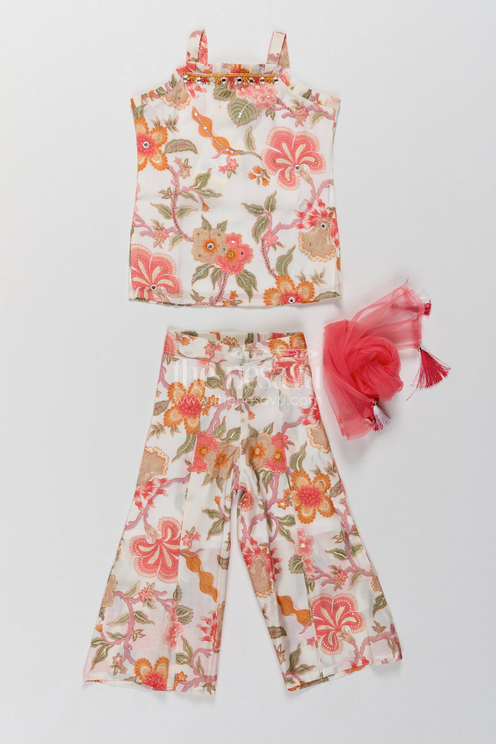 The Nesavu Girls Sharara / Plazo Set Girls Top and Pant Set in Orange for Celebrations and Photos Nesavu 18 (2Y) / Orange / Muslin Silk GPS1120A-18 Nesavu Girls Top And Pant Set With Digital Print For Festive Occasion GPS1120A-18