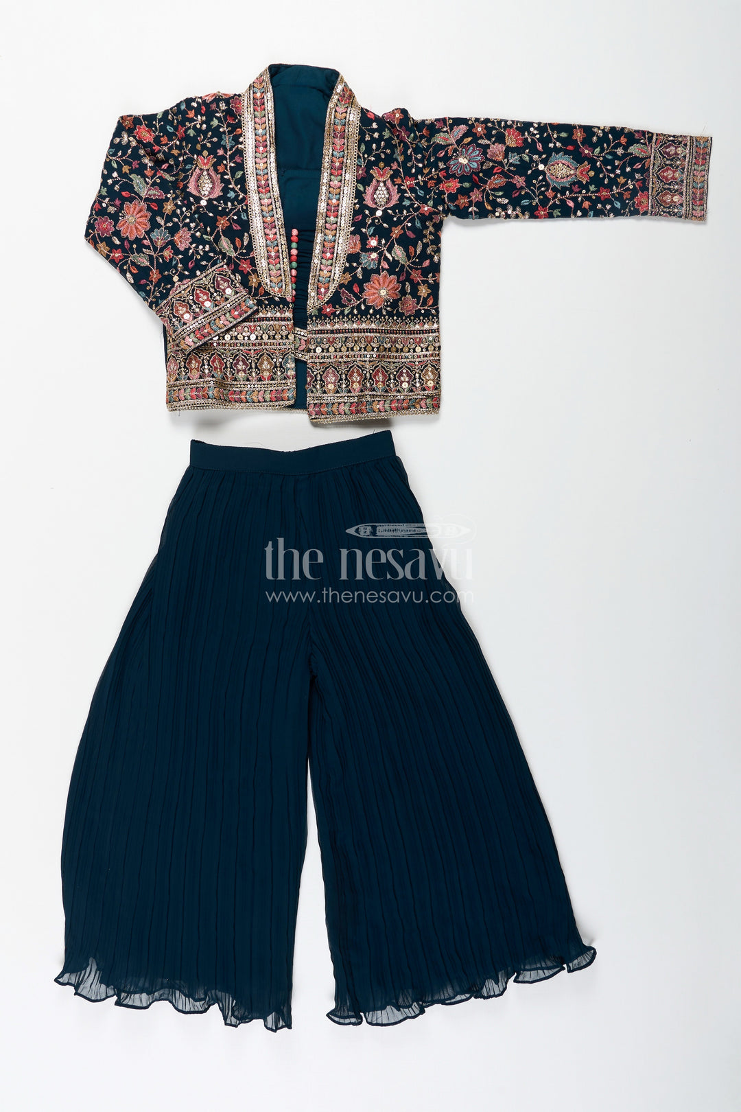 The Nesavu Girls Sharara / Plazo Set Girls Top with Sharara Set in Georgette with Designer Embroidered Jacket and Flared Pants Nesavu 24 (5Y) / Green GPS573A-24 Nesavu Girls Navy Top Sharara Set Georgette Embroidered Mirror Work Jacket