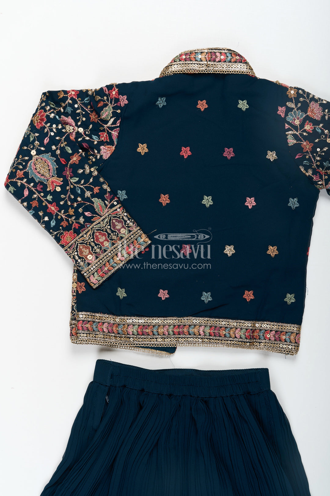 The Nesavu Girls Sharara / Plazo Set Girls Top with Sharara Set in Georgette with Designer Embroidered Jacket and Flared Pants Nesavu Nesavu Girls Navy Top Sharara Set Georgette Embroidered Mirror Work Jacket