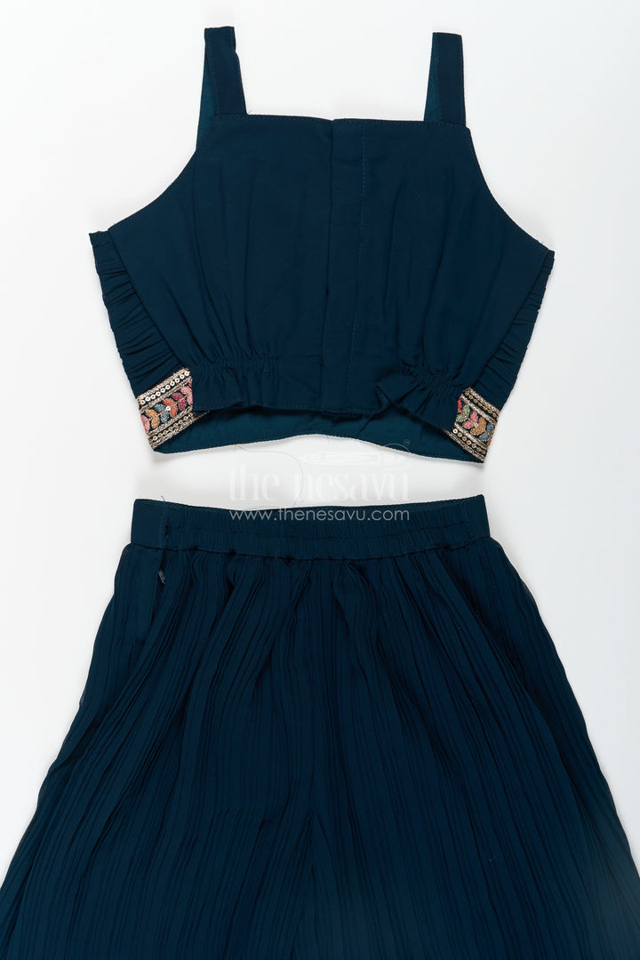 The Nesavu Girls Sharara / Plazo Set Girls Top with Sharara Set in Georgette with Designer Embroidered Jacket and Flared Pants Nesavu Nesavu Girls Navy Top Sharara Set Georgette Embroidered Mirror Work Jacket
