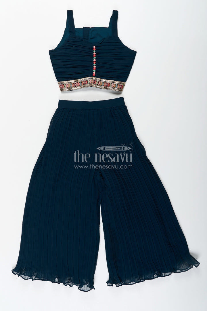 The Nesavu Girls Sharara / Plazo Set Girls Top with Sharara Set in Georgette with Designer Embroidered Jacket and Flared Pants Nesavu Nesavu Girls Navy Top Sharara Set Georgette Embroidered Mirror Work Jacket